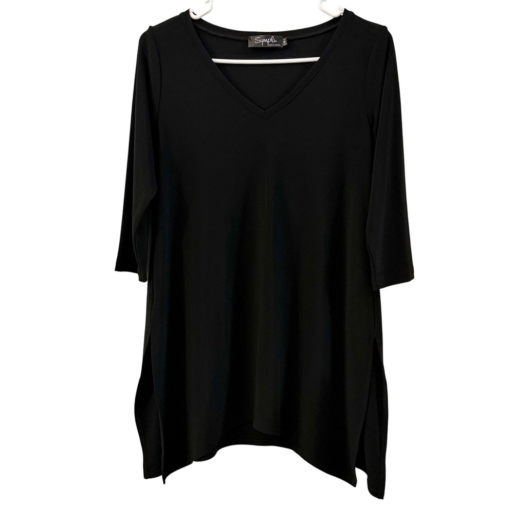 Sympli Black 3/4 Sleeve V Neck Tunic Top Made in Canada‎ Size 4 Minimalist
